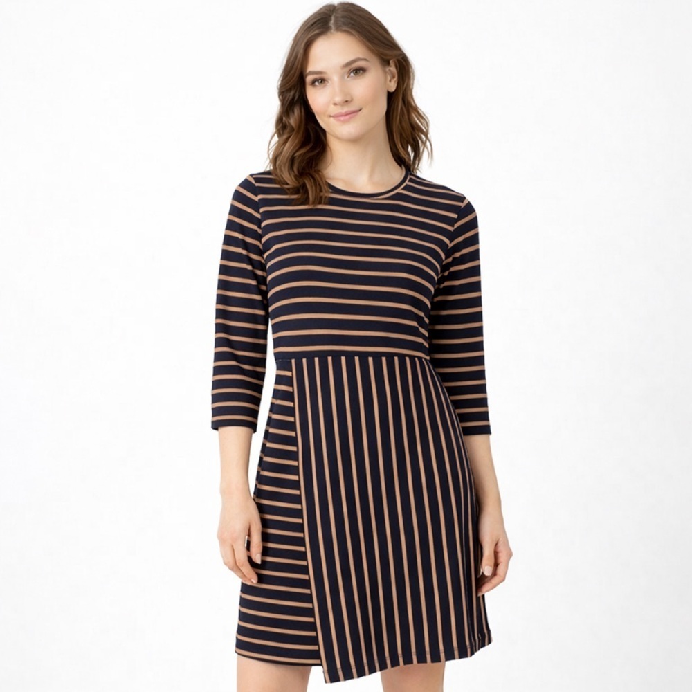 Poetry Knit Faux Wrap Dress Navy Brown *Size Tag Missing* Approx. Sz Large
